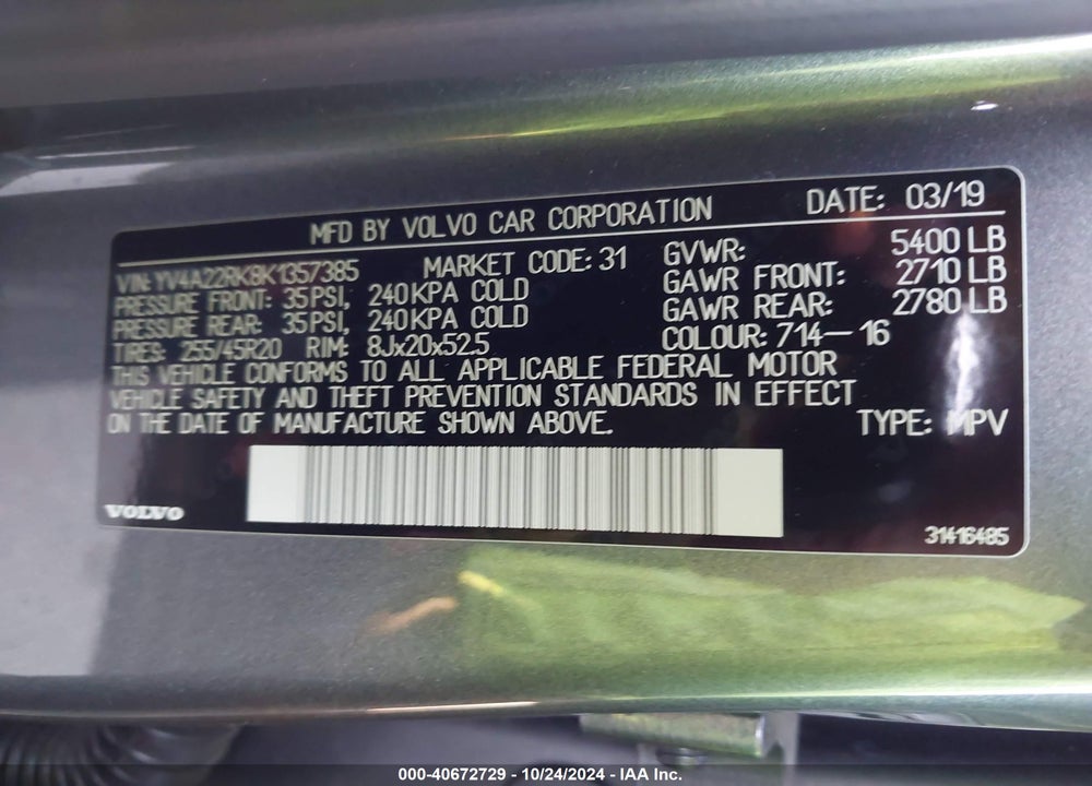 2019 VOLVO XC60 T6 MOMENTUM VIN: YV4A22RK8K1357385