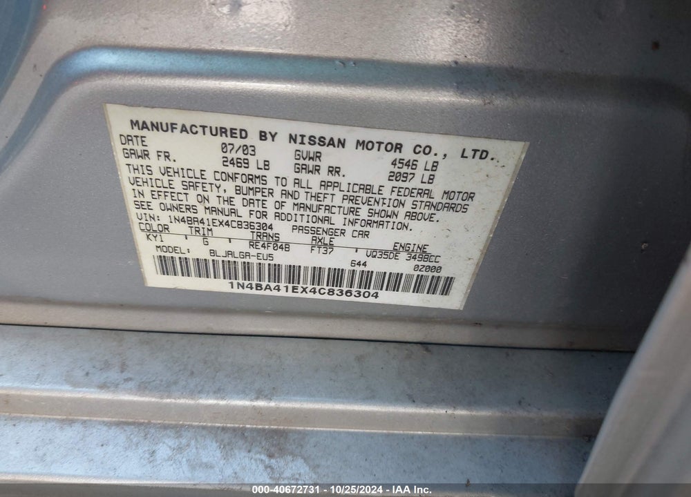 2004 NISSAN MAXIMA 3.5 SL VIN: 1N4BA41EX4C836304
