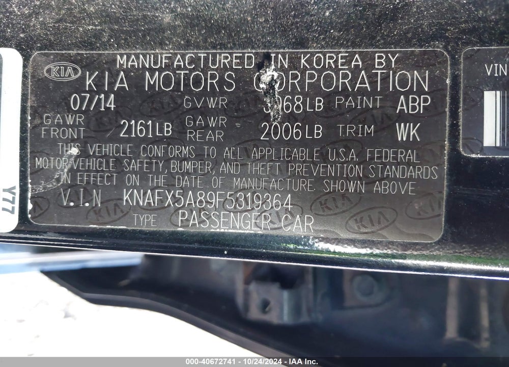 2015 KIA FORTE EX VIN: KNAFX5A89F5319364