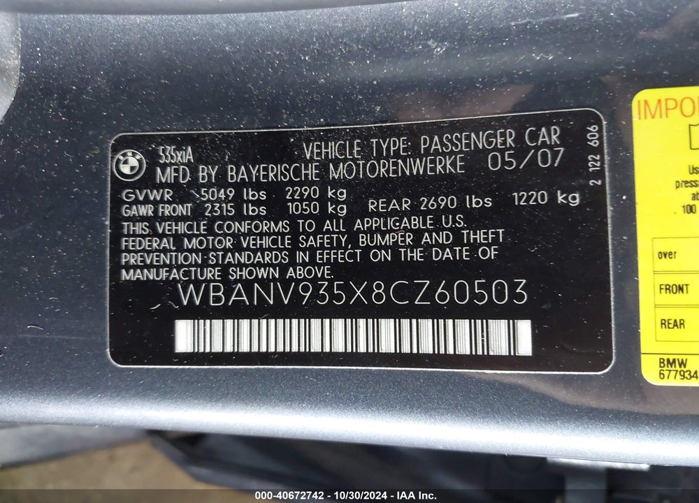 2008 BMW 535XI VIN: WBANV935X8CZ60503