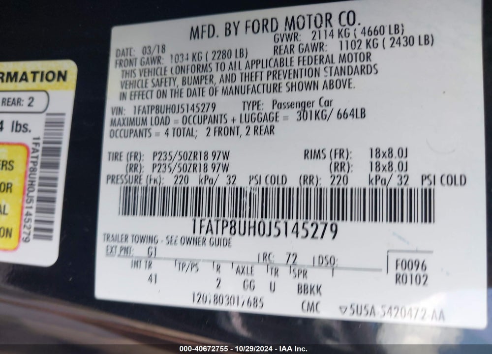 2018 FORD MUSTANG ECOBOOST PREMIUM VIN: 1FATP8UH0J5145279
