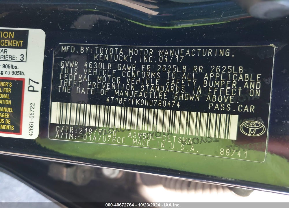 2017 TOYOTA CAMRY SE VIN: 4T1BF1FK0HU780474