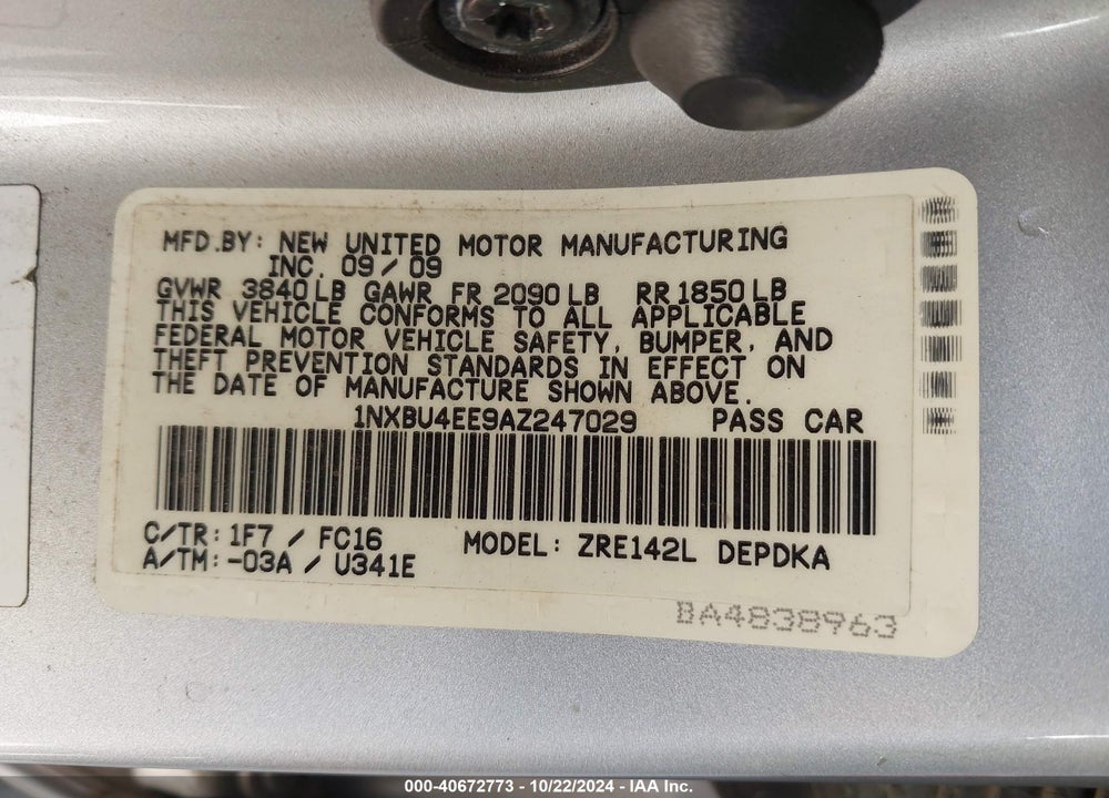 2010 TOYOTA COROLLA LE VIN: 1NXBU4EE9AZ247029