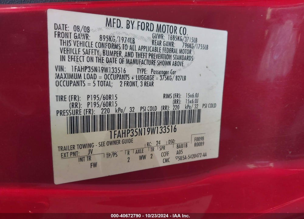 2009 FORD FOCUS SE VIN: 1FAHP35N19W133516
