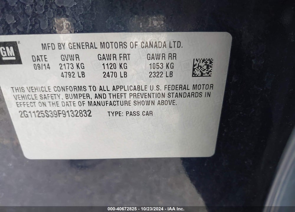 2015 CHEVROLET IMPALA 2LT VIN: 2G1125S39F9132832