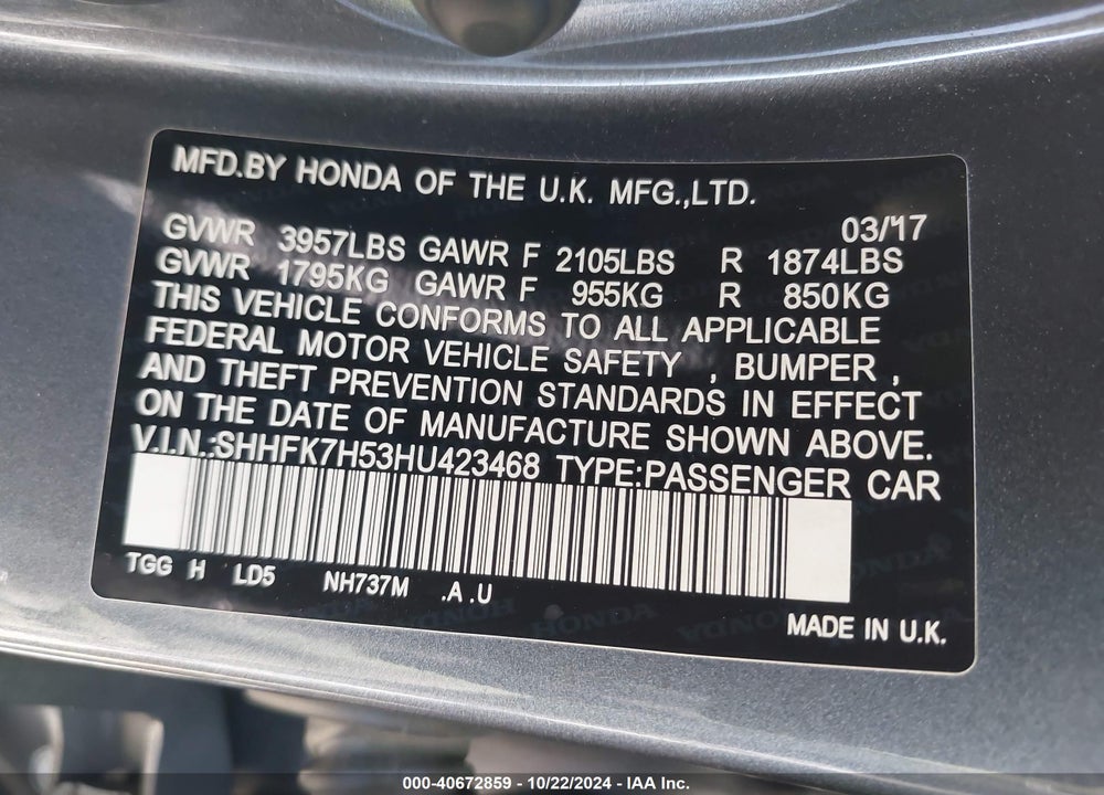 2017 HONDA CIVIC EX VIN: SHHFK7H53HU423468