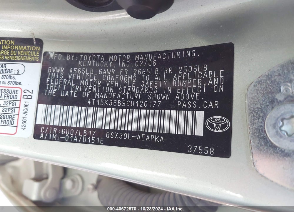 2006 TOYOTA AVALON LIMITED VIN: 4T1BK36B96U120177