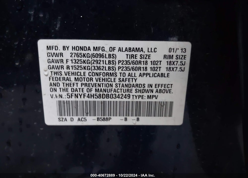 2013 HONDA PILOT EX-L VIN: 5FNYF4H58DB034249
