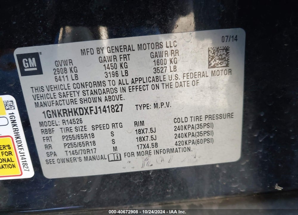 2015 CHEVROLET TRAVERSE 2LT VIN: 1GNKRHKDXFJ141827