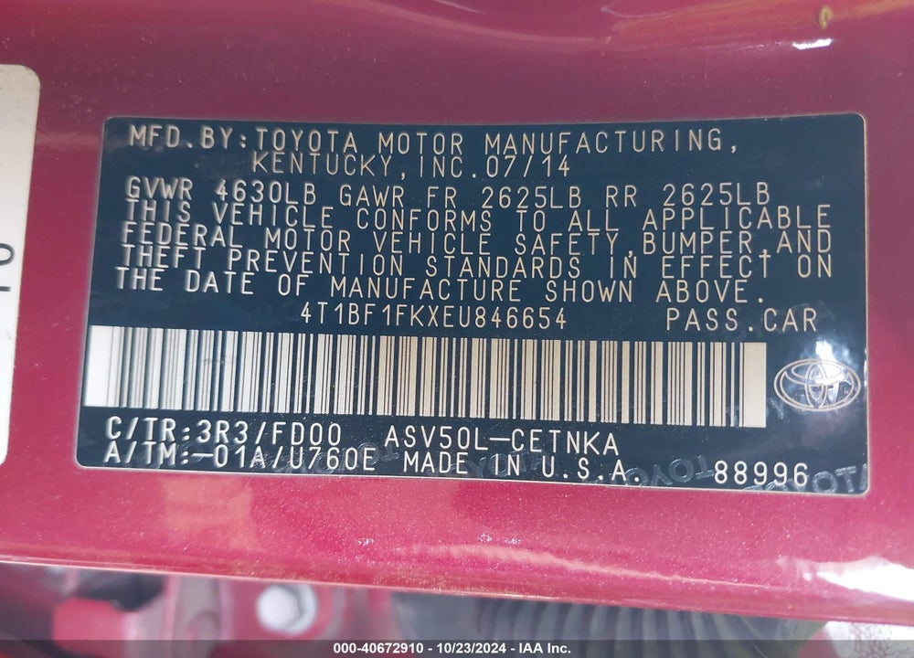 2014 TOYOTA CAMRY LE VIN: 4T1BF1FKXEU846654