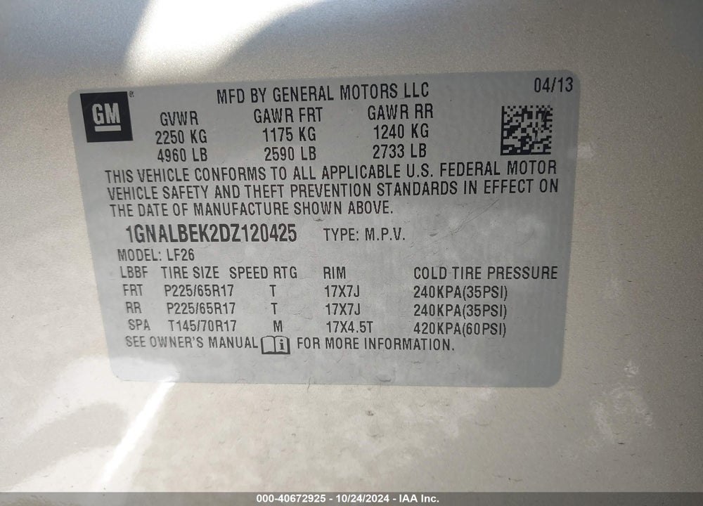 2013 CHEVROLET EQUINOX LS VIN: 1GNALBEK2DZ120425