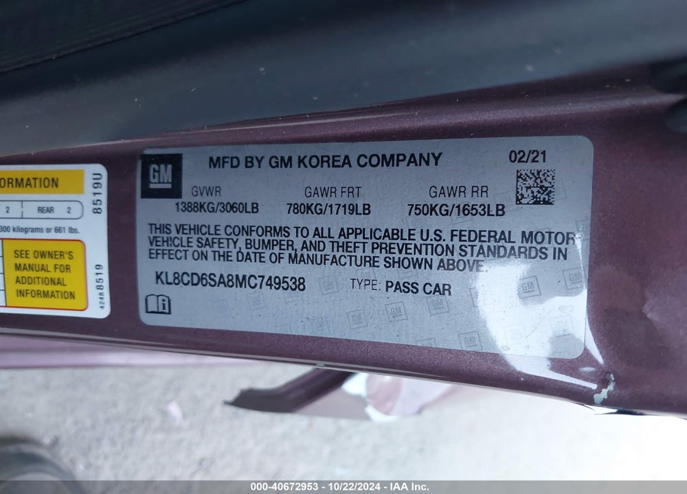 2021 CHEVROLET SPARK FWD 1LT AUTOMATIC VIN: KL8CD6SA8MC749538