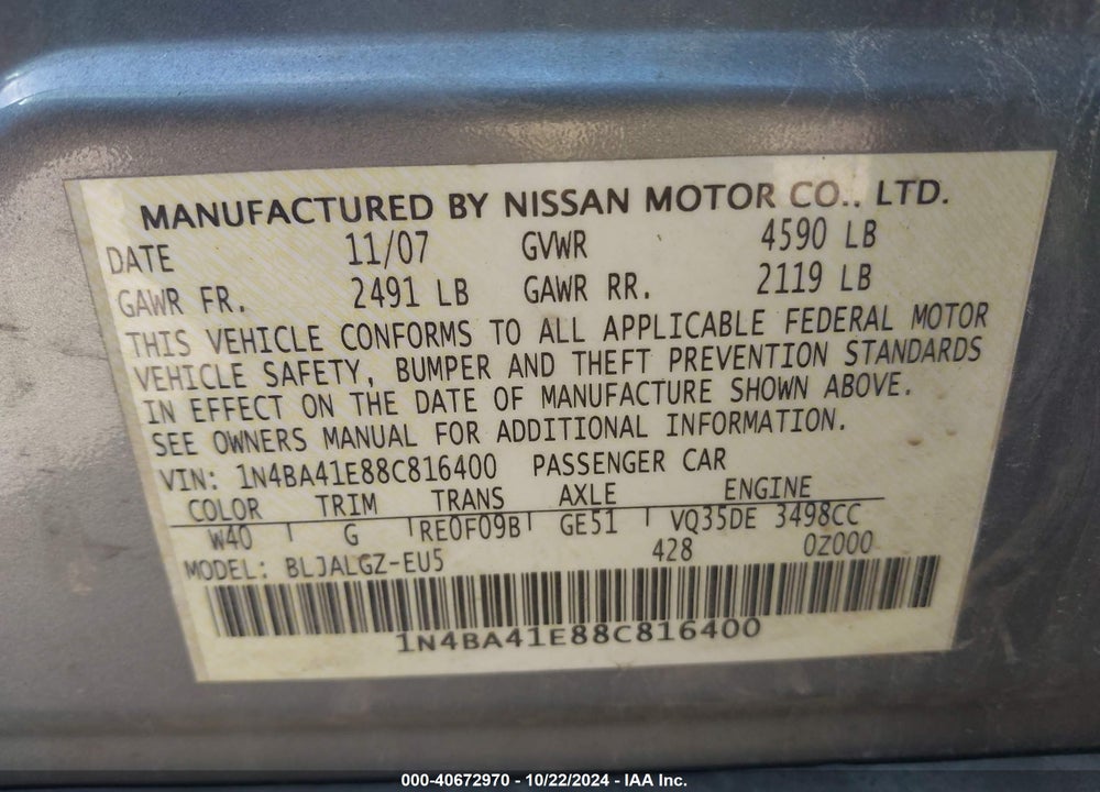 2008 NISSAN MAXIMA 3.5 SL VIN: 1N4BA41E88C816400