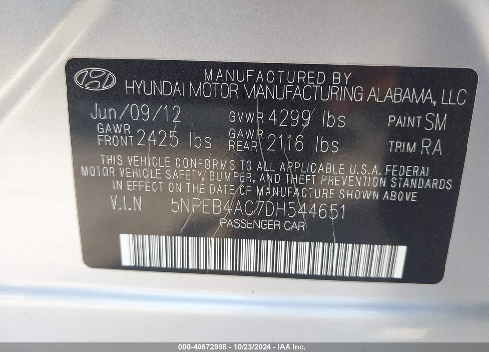 2013 HYUNDAI SONATA GLS VIN: 5NPEB4AC7DH544651