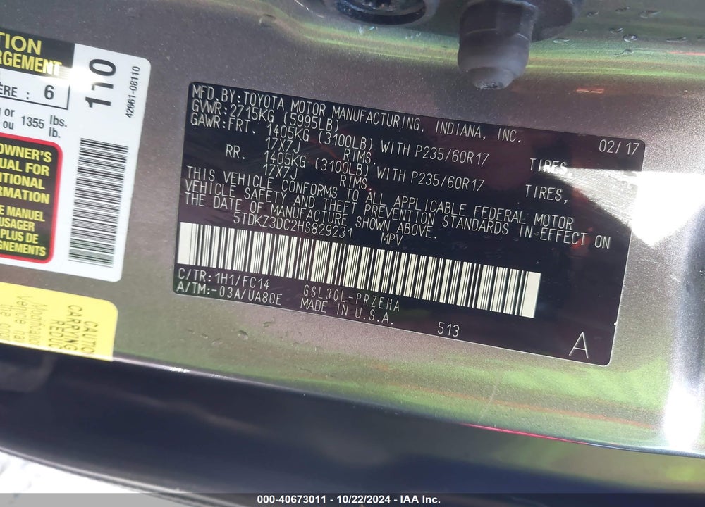 2017 TOYOTA SIENNA LE 8 PASSENGER VIN: 5TDKZ3DC2HS829231
