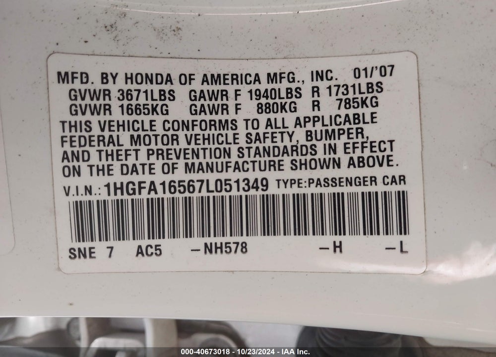 2007 HONDA CIVIC LX VIN: 1HGFA16567L051349