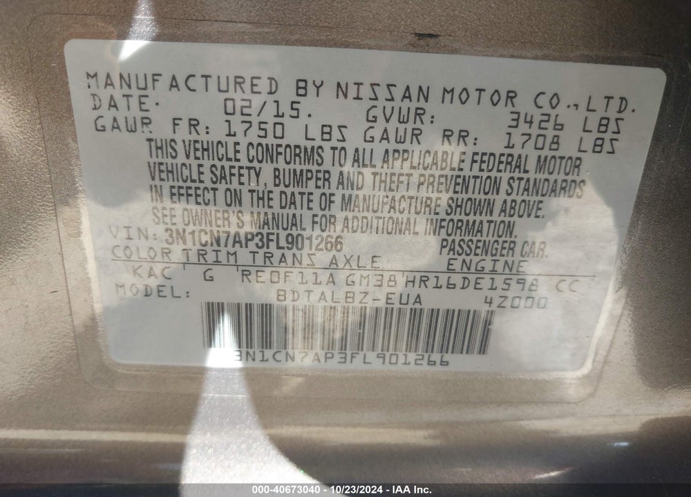 2015 NISSAN VERSA 1.6 SV VIN: 3N1CN7AP3FL901266