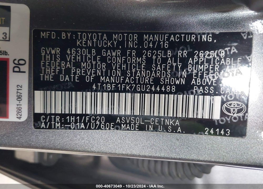 2016 TOYOTA CAMRY LE VIN: 4T1BF1FK7GU244488