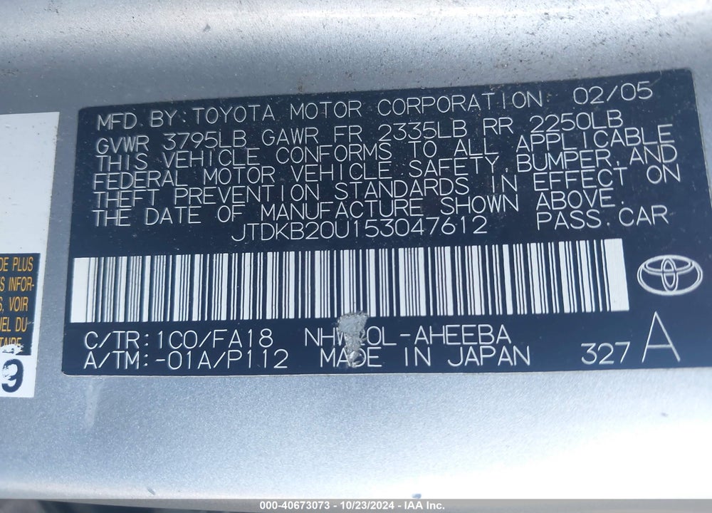 2005 TOYOTA PRIUS VIN: JTDKB20U153047612