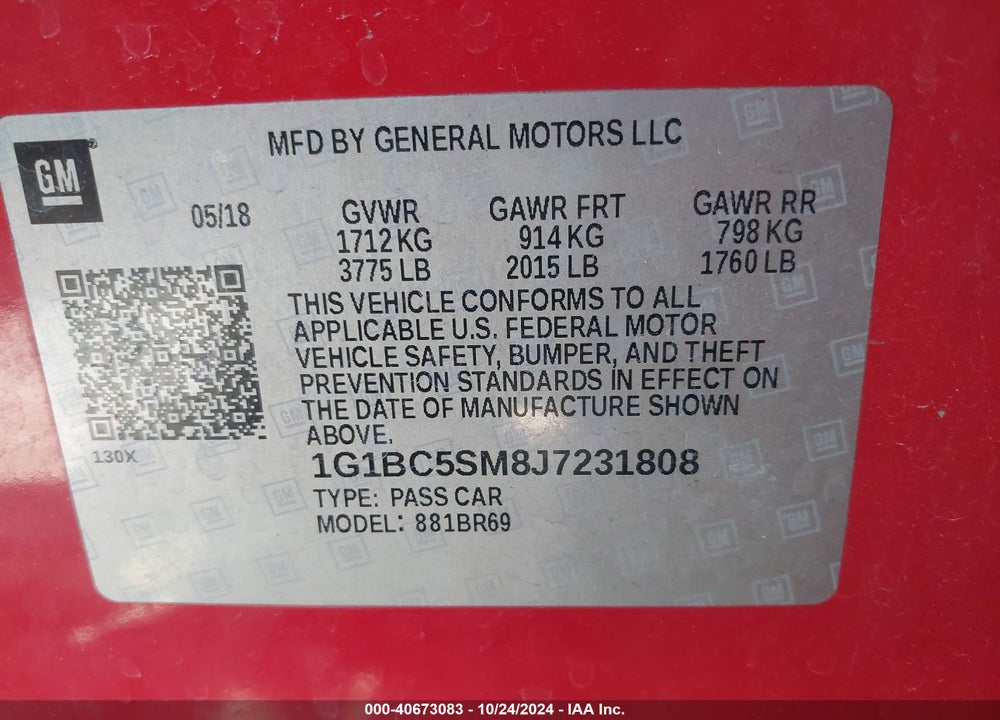 2018 CHEVROLET CRUZE LS AUTO VIN: 1G1BC5SM8J7231808