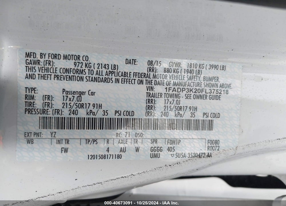 2015 FORD FOCUS SE VIN: 1FADP3K20FL375218