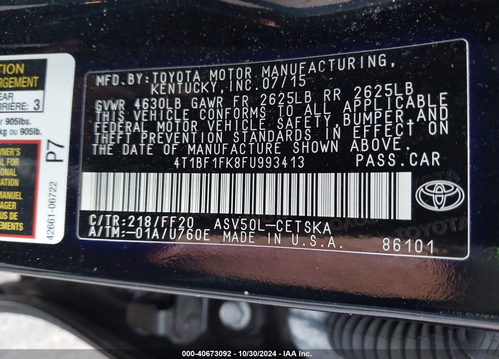 2015 TOYOTA CAMRY SE VIN: 4T1BF1FK8FU993413
