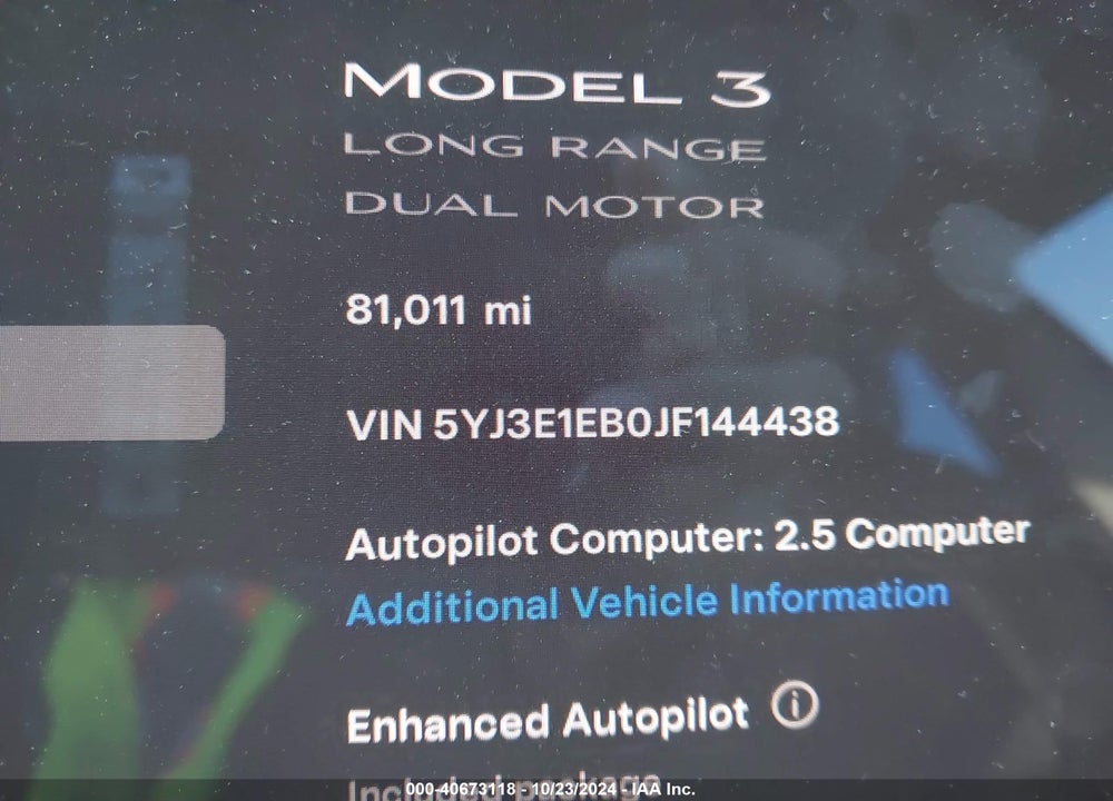 2018 TESLA MODEL 3 LONG RANGE/PERFORMANCE VIN: 5YJ3E1EB0JF144438