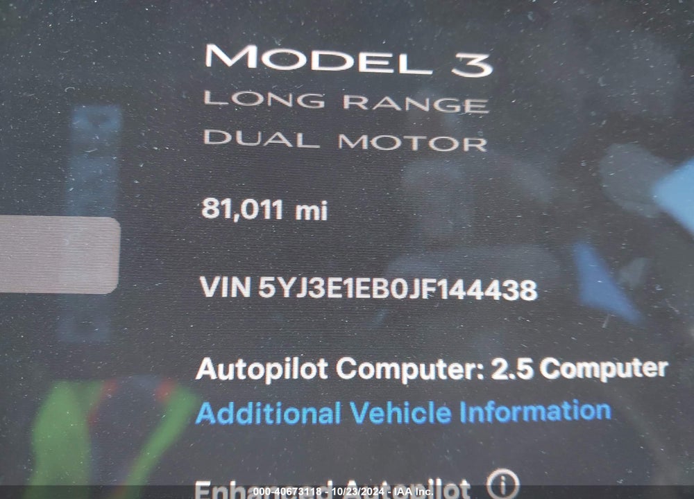 2018 TESLA MODEL 3 LONG RANGE/PERFORMANCE VIN: 5YJ3E1EB0JF144438