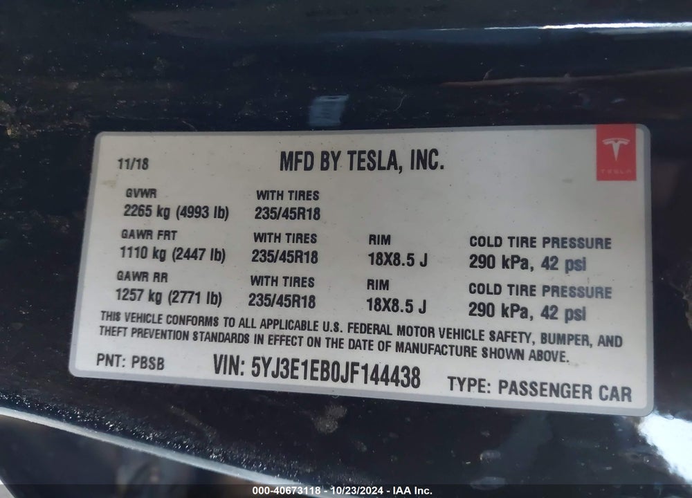2018 TESLA MODEL 3 LONG RANGE/PERFORMANCE VIN: 5YJ3E1EB0JF144438