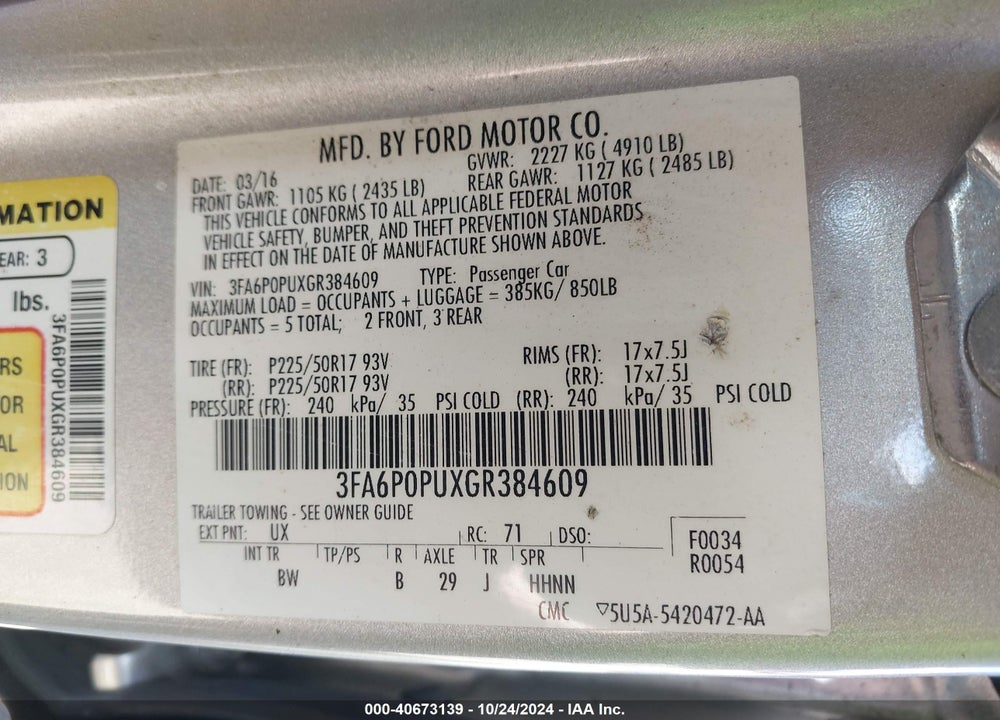 2016 FORD FUSION ENERGI SE LUXURY VIN: 3FA6P0PUXGR384609
