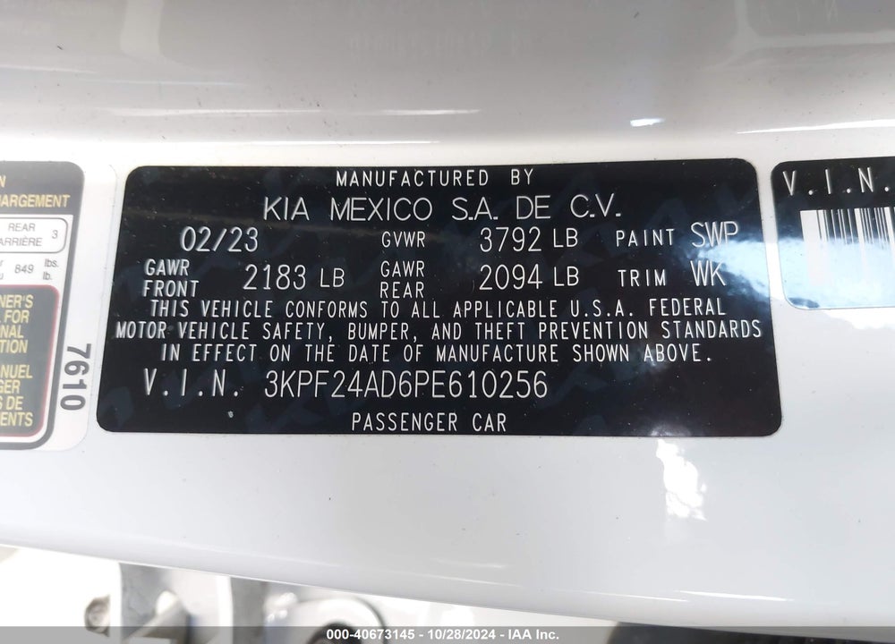 2023 KIA FORTE LXS VIN: 3KPF24AD6PE610256