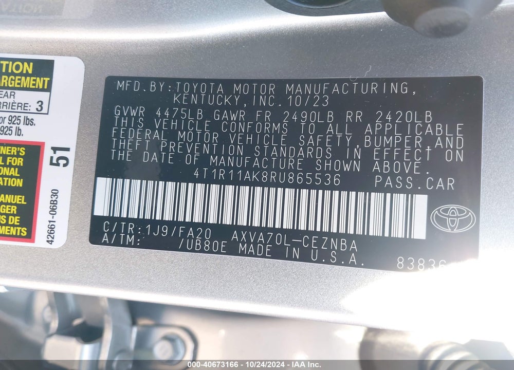 2024 TOYOTA CAMRY LE VIN: 4T1R11AK8RU865536