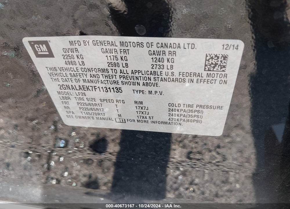 2015 CHEVROLET EQUINOX LS VIN: 2GNALAEK7F1131135