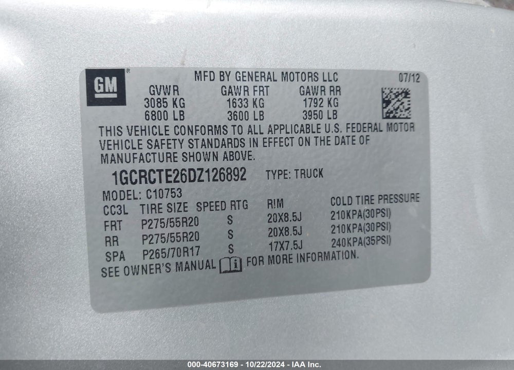 2013 CHEVROLET SILVERADO 1500 LTZ VIN: 1GCRCTE26DZ126892