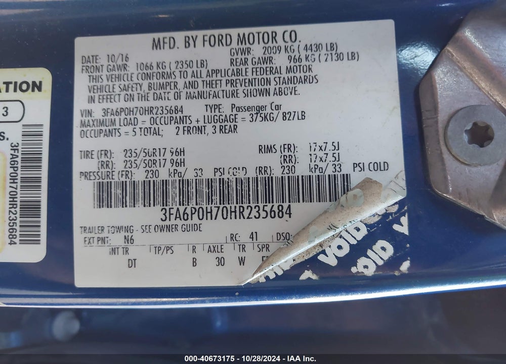 2017 FORD FUSION SE VIN: 3FA6P0H70HR235684