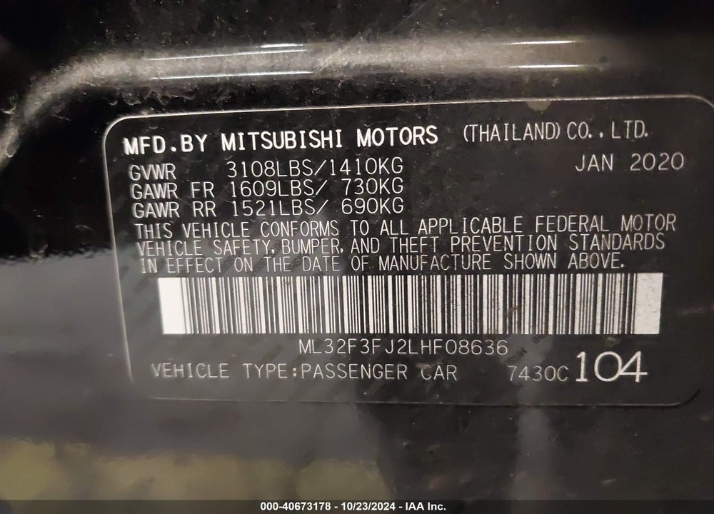 2020 MITSUBISHI MIRAGE G4 ES VIN: ML32F3FJ2LHF08636