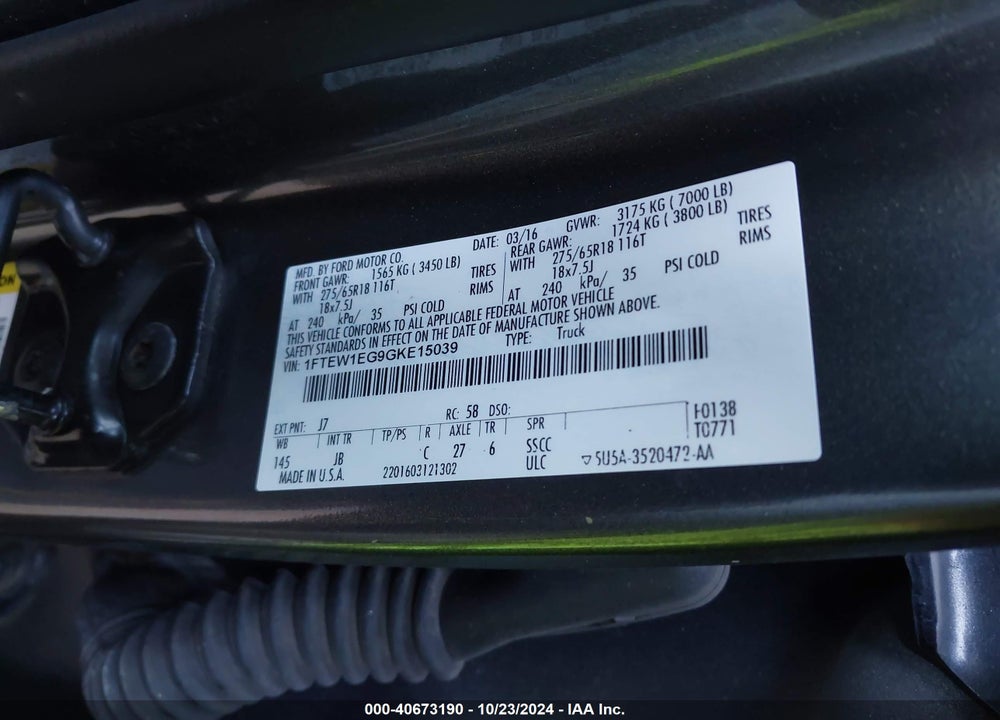 2016 FORD F-150 XLT VIN: 1FTEW1EG9GKE15039
