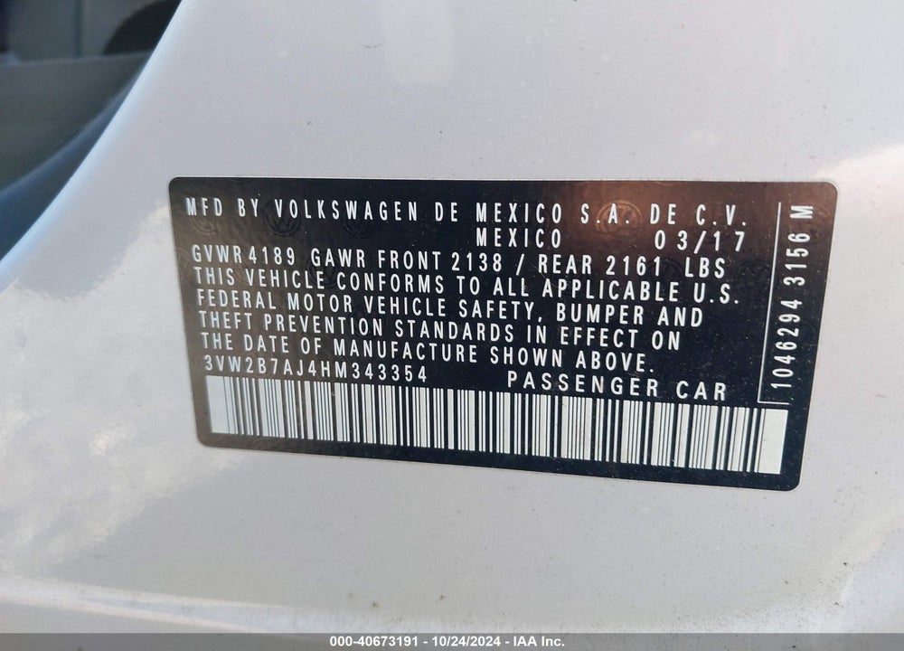 2017 VOLKSWAGEN JETTA 1.4T S VIN: 3VW2B7AJ4HM343354