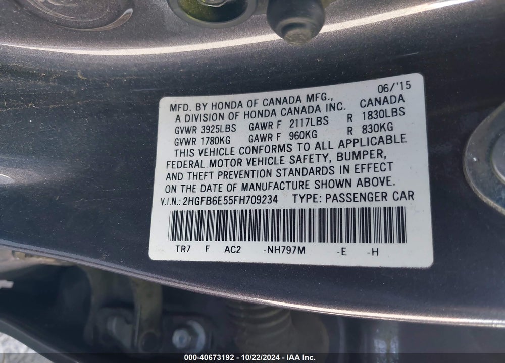 2015 HONDA CIVIC SI VIN: 2HGFB6E55FH709234
