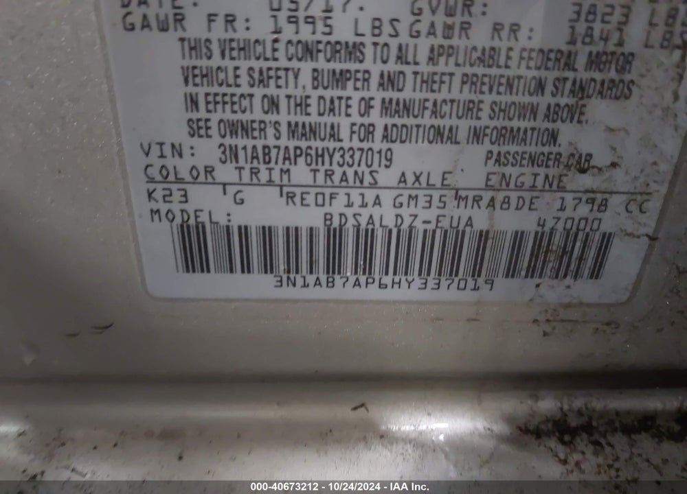 2017 NISSAN SENTRA SV VIN: 3N1AB7AP6HY337019
