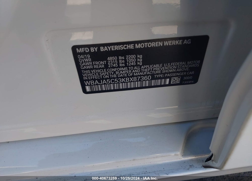 2019 BMW 530I VIN: WBAJA5C53KBX87360