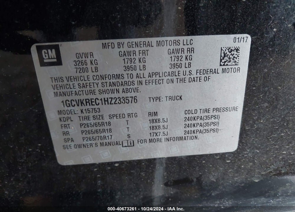 2017 CHEVROLET SILVERADO 1500 1LT VIN: 1GCVKREC1HZ233576
