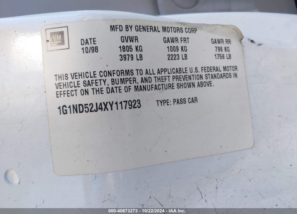 1999 CHEVROLET MALIBU VIN: 1G1ND52J4XY117923