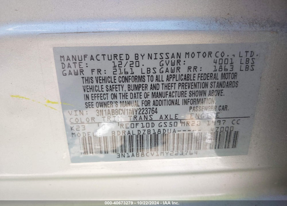 2021 NISSAN SENTRA SV XTRONIC CVT VIN: 3N1AB8CV1MY223764