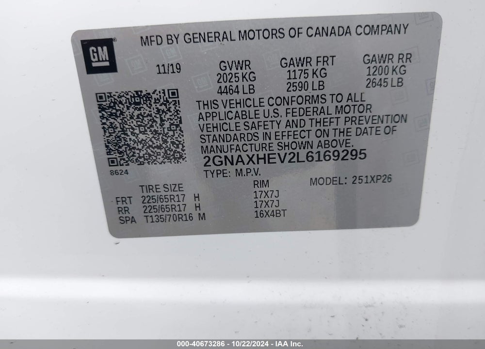 2020 CHEVROLET EQUINOX FWD LS VIN: 2GNAXHEV2L6169295