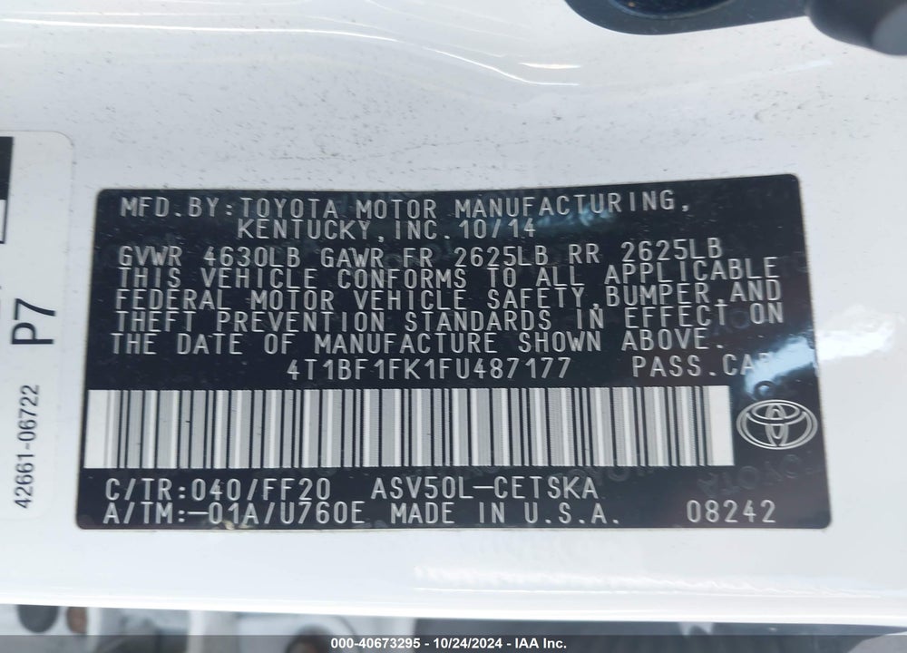 2015 TOYOTA CAMRY SE VIN: 4T1BF1FK1FU487177