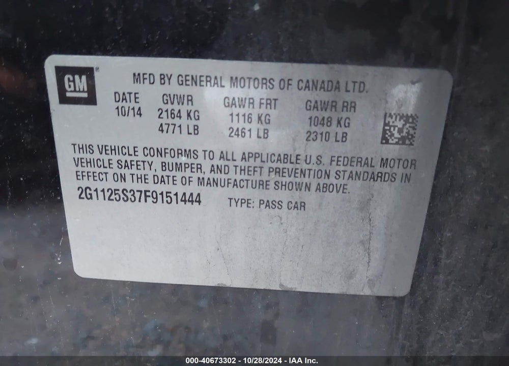 2015 CHEVROLET IMPALA 2LT VIN: 2G1125S37F9151444