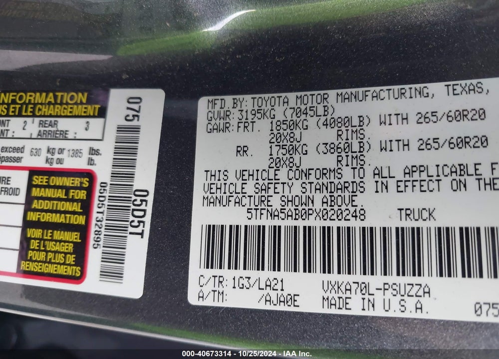 2023 TOYOTA TUNDRA 2WD PLATINUM VIN: 5TFNA5AB0PX020248