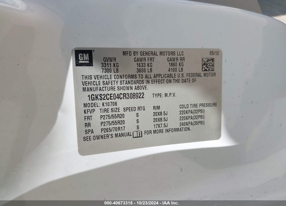2012 GMC YUKON SLT VIN: 1GKS2CE04CR308922