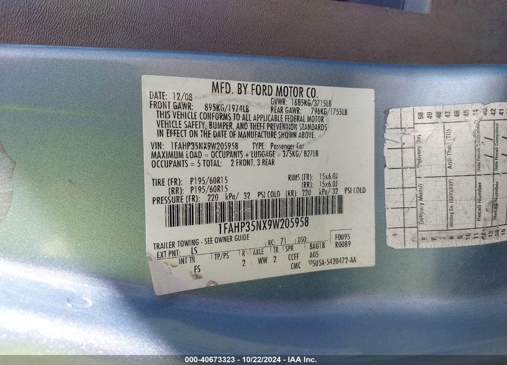 2009 FORD FOCUS SE VIN: 1FAHP35NX9W205958